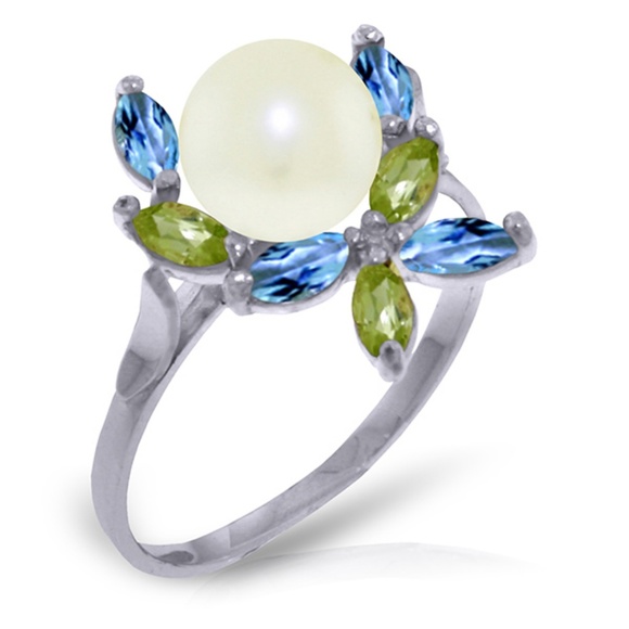 GOLD RING W/ NATURAL PERIDOTS, BLUE TOPAZ & PEARL